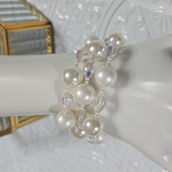 Vendome Faux Pearl and Faceted AB Aurora Borealis Three Strand Vintage Bracelet